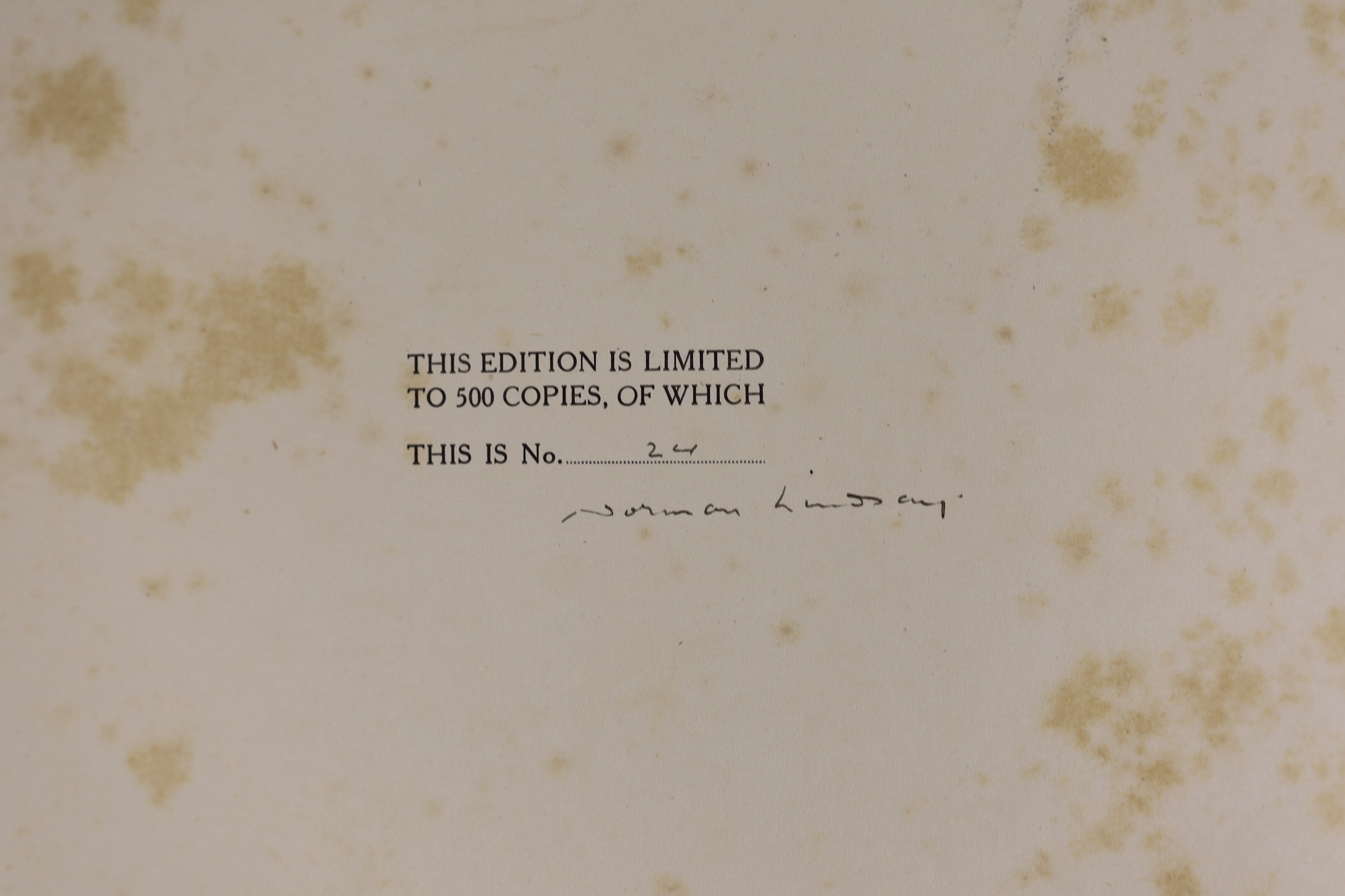 Lindsay, Norman - Pen Drawings. Limited edition of 500 numbered copies, signed by the artist. pictorial title and 24 plates; publisher's art vellum and gilt pictorial grey paper boards with gilt label, folio, Sydney, 192